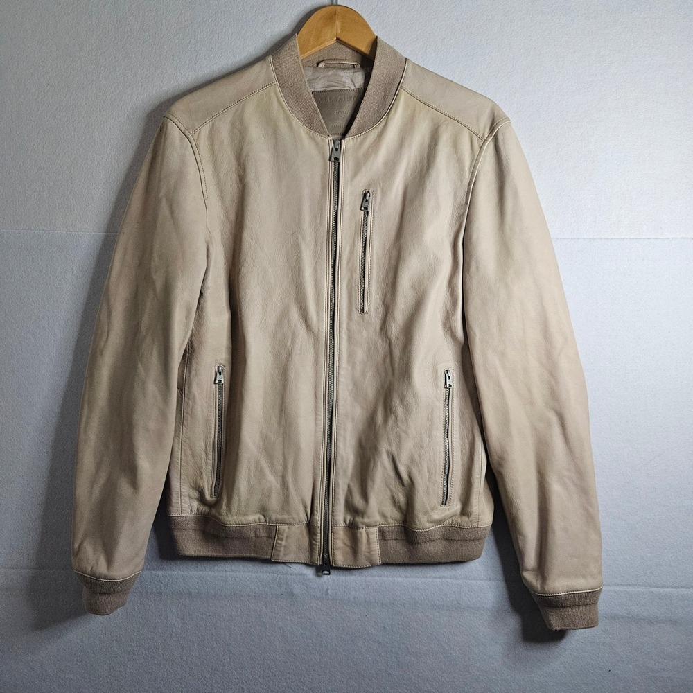 AllSaints Miko Bomber Leather Jacket Mens Small‎ Beige Lambskin Full Zip ML039L